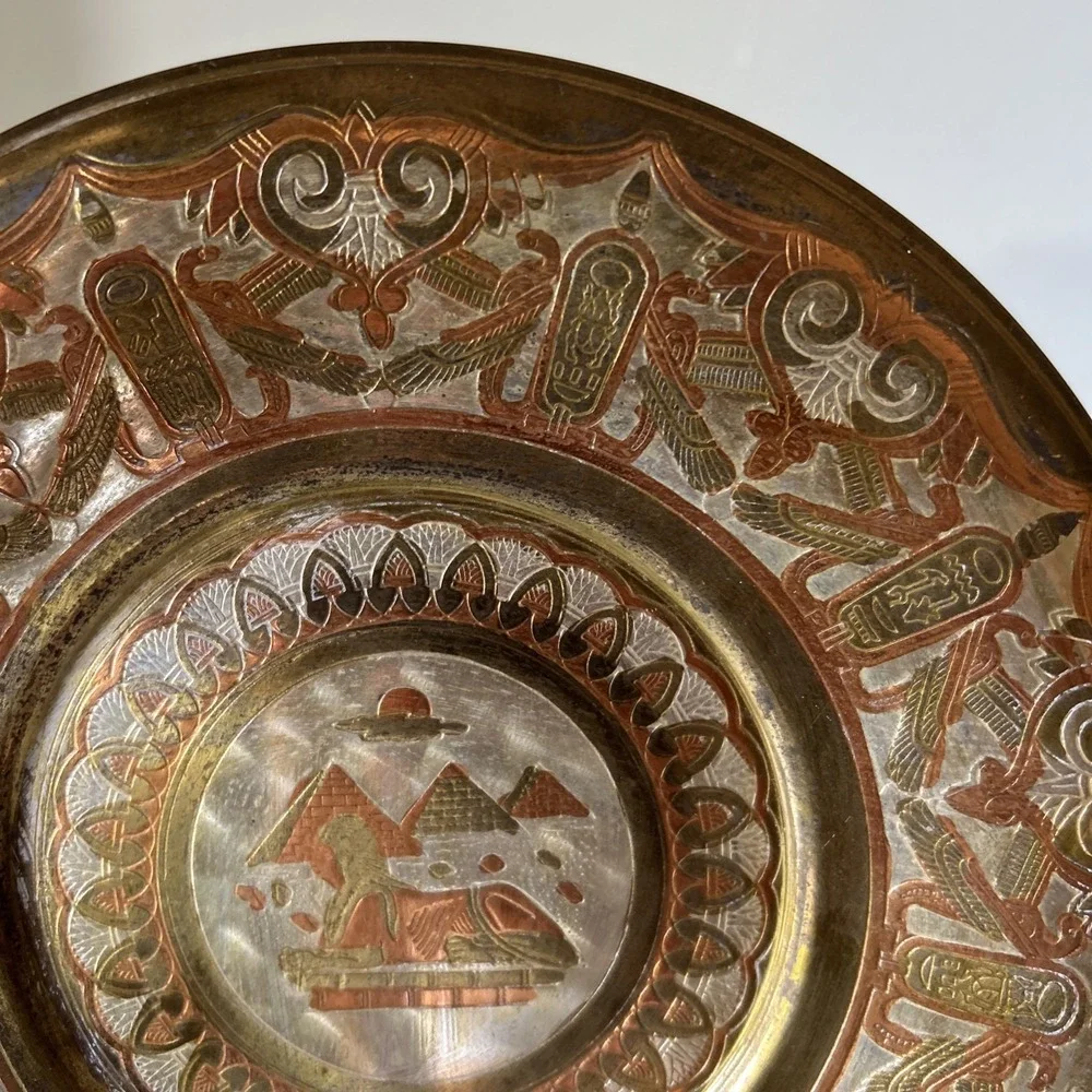 EGYPT SPHINX PYRAMIDS COPPER TIN ENGRAVED PLATE, Gallery Wall Plate Display 7.5